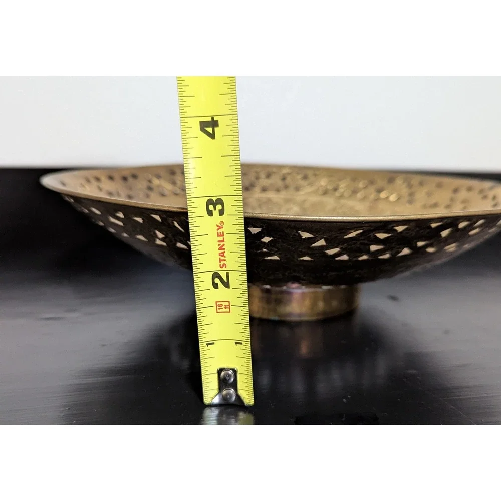 Vintage Pierced Brass Bowl With a Floral and Berries Pattern 11